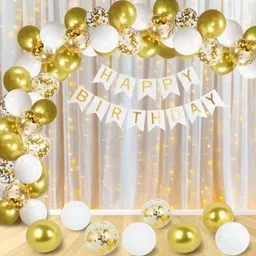 musbu White and Golden Happy Birthday Decoration Kit with Net Curtain and light-picture-11