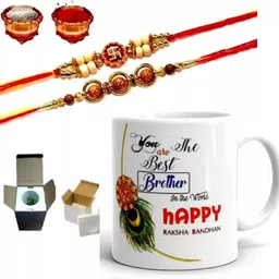 rhythm gift4u Designer Rakhi For Bhaiya & Bhabhi | kundan designer rakhi combo with Mug| Roli tilak pack | Rakhi for brother and bhabhi | Fancy design rakhi | Exculive rakhi | Rakhi for Didi Jiju| Mor Pankh Rakhi 1001 M Mauli Thread Rakhi, MugSet image 1