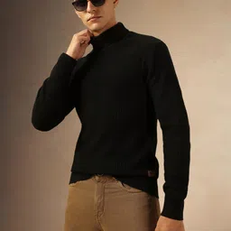 dennis lingo Men Self Design Turtle Neck Black Sweater image 1