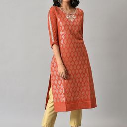 W Women Orange Ethnic Motifs Woven Design With Zari Work Kurta-picture-13
