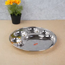 sumeet Stainless Steel Round 5 in 1 Compartment Lunch / Dinner Plate 1Pc, 34cm Dia Sectioned Plate-picture-10