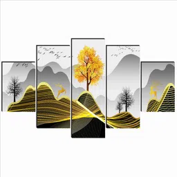 saf Nature Wall Painting | 5 Panel Golden Tree & Deer Modern Art | MDF Decor Pack of 5 image 2