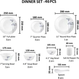 wcse by diva from laopala Pack of 46 Opalware Present Aqua Spray 46 pcs Dinner Set {Dinner Plate 8 pcs, Quarter Plate 8 pcs, Rice Plate 1 Pcs, Veg Bowl 8 Pcs, Soup Bowl 8 pcs, Spoon 8 pcs, Serving Bowl Medium 3 Pcs, Salt & Pepper 2 Pcs} Dinner Set image 4