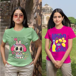 Pack of 2 Women Printed Round Neck Polyester Green, Pink T-Shirt-image-2