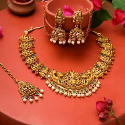 Yellow Chimes Gold Plated Stone Moti Studded Lakshmi Temple Jewellery Set with Maangtikka image 2