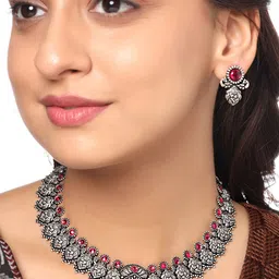 Yellow Chimes Pink Silver-Plated Oxidised Stone-Studded Jewellery Set image 2