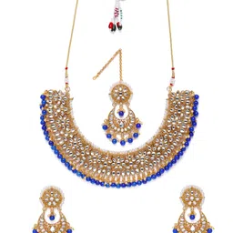 Peora White & Blue Gold-Plated Kundan & Pearl Studded Choker Jewellery Set image 4
