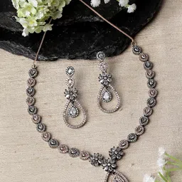 ZENEME Rose Gold-Plated American Diamond Studded Necklace With Earrings-picture-19