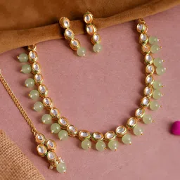 Shoshaa Gold-Plated Gold-Toned Pink Kundan Studded Jewellery Set-picture-11