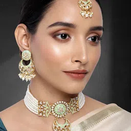 Peora Gold Plated & Sea Green Meenakari Kundan Beaded Jewellery Set-picture-35