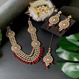 I Jewels Gold-Plated Kundan-Studded & Beaded Jewellery Set-picture-26