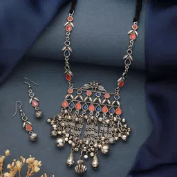 Jazz and Sizzle Silver-Plated Oxidised Enamelled & Beaded Necklace & Earrings-picture-35