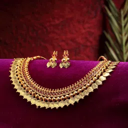 Kennice Gold-Plated Pearl-Studded Temple Jewellery Set-picture-29