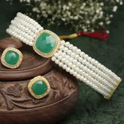 ZENEME Gold-Plated White Pearl Beaded Green AD Stone Jewellery Set-picture-12