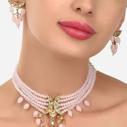 Zaveri Pearls Pink & Gold Plated Kundan Choker Jewellery Set-image-3