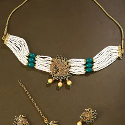 Yellow Chimes Gold-Plated Stone-Studded & Pearl Beaded Choker Jewellery Set image 1