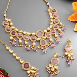 aadita Gold Plated White & Pink Stone Studded Jewellery Set-image-17
