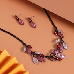 SOHI Stone Leaf Necklace & Earrings Jewellery Set-picture-32