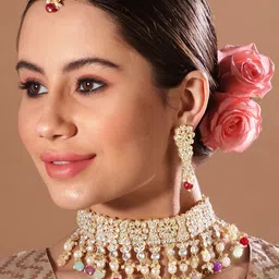 Rubans 24K Gold Plated Kundan Stone Studded Multicolor Pearl & Beaded Choker Jewellery Set-picture-21
