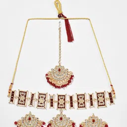 SOHI Gold-Plated Kundan Studded & Beaded Necklace & Earrings Set image 2