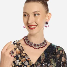 Zaveri Pearls Silver-Plated Stone-Studded & Beaded Jewellery Set image 5