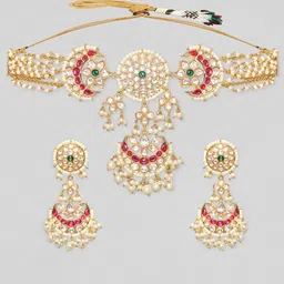 Rubans 24KT Gold-Plated Stone-Studded & Pearl-Beaded Jewellery Set image 4