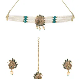 Yellow Chimes Gold-Plated Stone-Studded & Pearl Beaded Choker Jewellery Set image 2