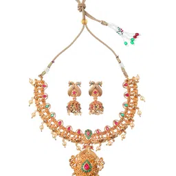 KARATCART Gold-Plated Pink & Green Stone-Studded Jewellery Set image 3