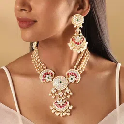 Rubans 24KT Gold-Plated Stone-Studded & Pearl-Beaded Jewellery Set-picture-36