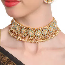 Shining Diva Gold-Plated & Grey Kundan Stone Studded & White Beaded Jewellery set-image-57