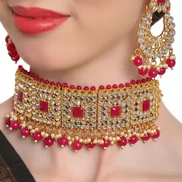 Shining Diva Gold-Plated Red & White Kundan-Studded & Beaded Jewellery Set-picture-37