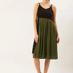 The Dry State Women Olive Green & Black Colourblocked Layered A-Line Dress-picture-31