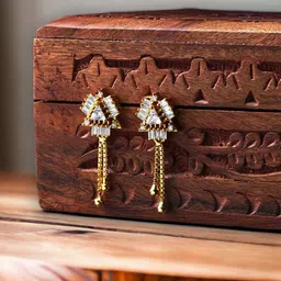 DressBerry Gold-Plated Triangular Zircon Studded Drop Earrings image 2