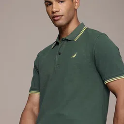 nautica Men Solid Polo Neck Pure Cotton Green T-Shirt image 1