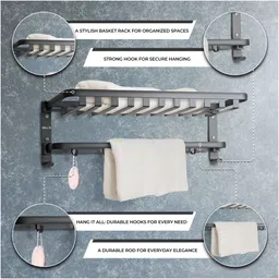 ibell IBL 66-GS Anti-Rust Wall Mounted Folding Towel Stand for Bathroom with Shelf Matte Black Towel Holder image 4