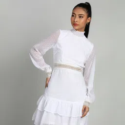 Women Ruffled White Knee Length Dress-image-8