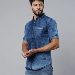 greenflair Men Slim Fit Washed Mandarin Collar Casual Shirt-picture-18