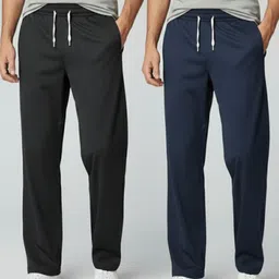 indiclub Pack of 2 Men Loose Fit Black, Dark Blue Lycra Blend Trousers-picture-41