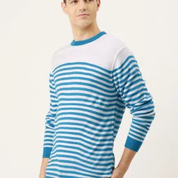 PETER ENGLAND UNIVERSITY Men Blue & White Striped Pure Acrylic Pullover Sweater image 3