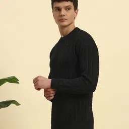 canblar Men Striped, Self Design Round Neck Black Sweater image 3