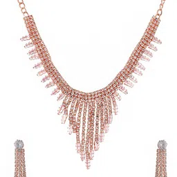 Yellow Chimes Rose Gold-Plated Crystal Studded Tasselled Jewellery Set image 3