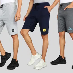 gyrfalcon Pack of 3 Self Design Men Silver, Dark Blue, Grey Regular Shorts-picture-25
