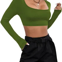 jovo Party Regular Sleeves Self Design Women Dark Green Top image 1