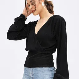 harpa Casual Balloon Sleeve Solid Women Black Top image 3
