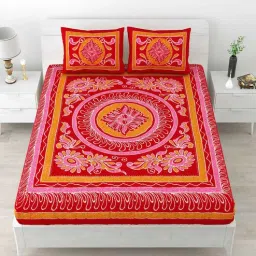 uniqchoice Red Traditional 120 TC Cotton Queen Sized Bedsheet with 2 Pillow Cover-picture-29