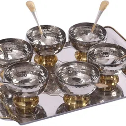 Pack of 7 Steel, Brass Luxury Silver-Plated 6 Bowl & Spoon Serving Set Dinner Set-image-3