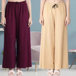irha Pack of 2 Women Regular Fit Purple, Cream Viscose Rayon Trousers-picture-39