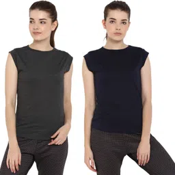 ap'pulse Pack of 2 Women Solid Round Neck Pure Cotton Dark Blue, Grey T-Shirt-picture-24