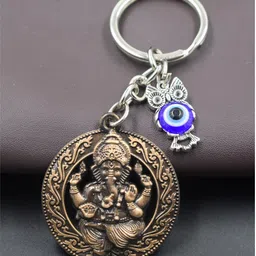abhiora fashion Lord Ganesh Feng Shui Owl symbol Charm Copper Keychain for Luck, Prosperity Key Chain image 2