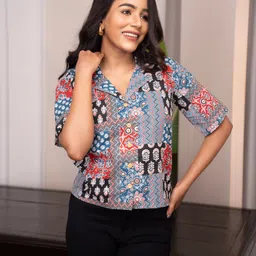 zarvaya fashion Women Comfort Fit Fit Geometric Print Lapel Collar Casual Shirt-picture-11